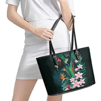 Hawaii Hummingbird Tropical Flowers Leather Tote Bag Dark Green LT01 - Polynesian Pride
