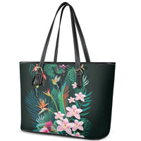Hawaii Hummingbird Tropical Flowers Leather Tote Bag Dark Green LT01 - Polynesian Pride
