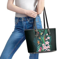 Hawaii Hummingbird Tropical Flowers Leather Tote Bag Dark Green LT01 - Polynesian Pride