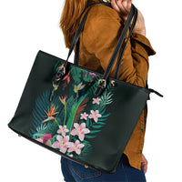 Hawaii Hummingbird Tropical Flowers Leather Tote Bag Dark Green LT01 - Polynesian Pride