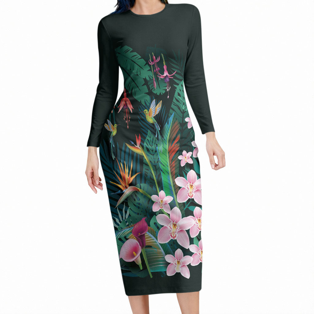 Hawaii Hummingbird Tropical Flowers Long Sleeve Bodycon Dress Dark Green LT01 Long Dress Green - Polynesian Pride
