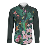 Hawaii Hummingbird Tropical Flowers Long Sleeve Button Shirt Dark Green LT01 Unisex Green - Polynesian Pride