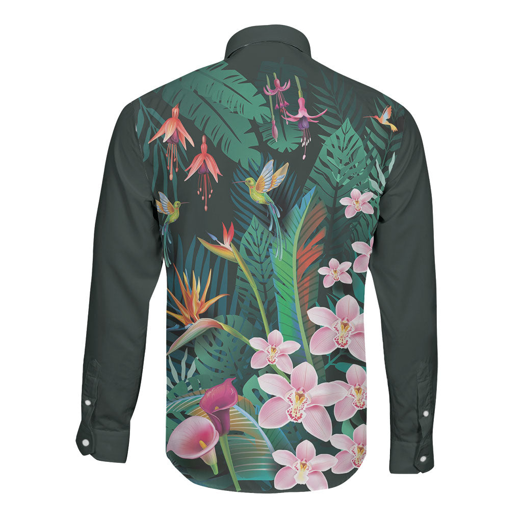 Hawaii Hummingbird Tropical Flowers Long Sleeve Button Shirt Dark Green LT01 - Polynesian Pride