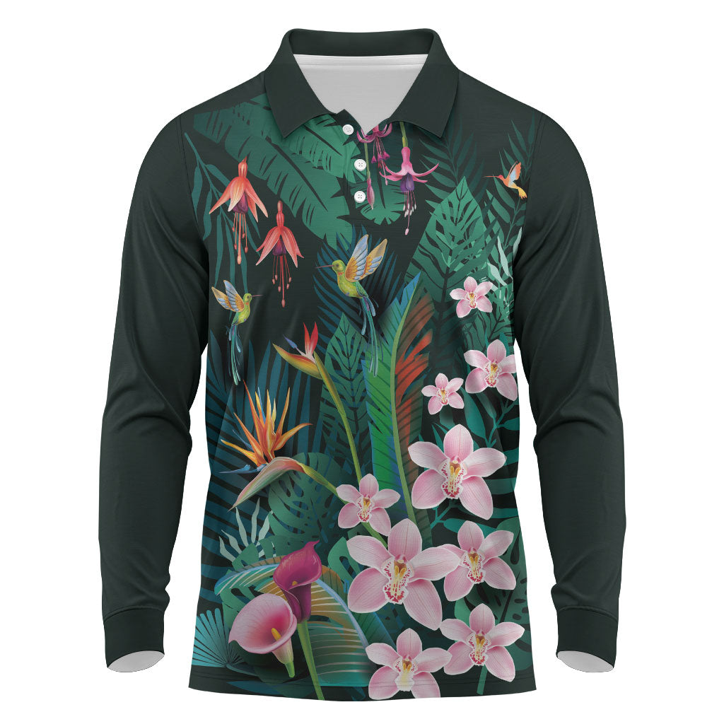 Hawaii Hummingbird Tropical Flowers Long Sleeve Polo Shirt Dark Green LT01 Green - Polynesian Pride