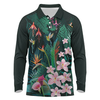 Hawaii Hummingbird Tropical Flowers Long Sleeve Polo Shirt Dark Green LT01 Green - Polynesian Pride