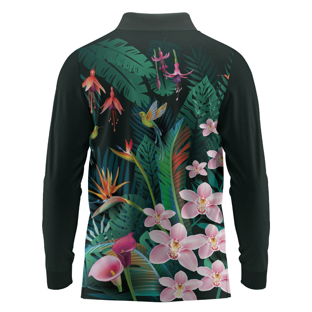 Hawaii Hummingbird Tropical Flowers Long Sleeve Polo Shirt Dark Green LT01 - Polynesian Pride