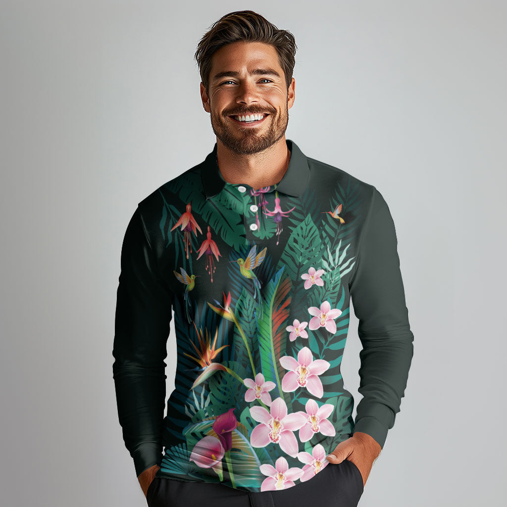 Hawaii Hummingbird Tropical Flowers Long Sleeve Polo Shirt Dark Green LT01 - Polynesian Pride