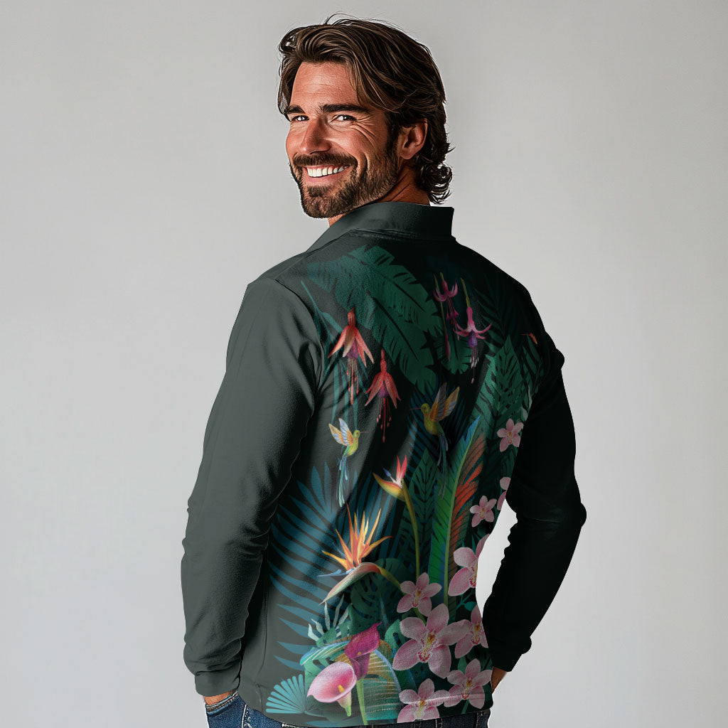 Hawaii Hummingbird Tropical Flowers Long Sleeve Polo Shirt Dark Green LT01 - Polynesian Pride