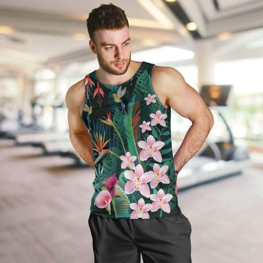 Hawaii Hummingbird Tropical Flowers Men Tank Top Dark Green LT01 Green - Polynesian Pride