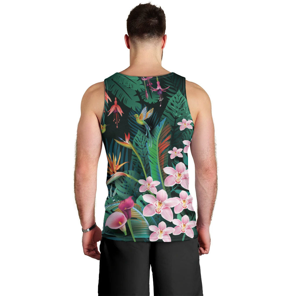 Hawaii Hummingbird Tropical Flowers Men Tank Top Dark Green LT01 - Polynesian Pride