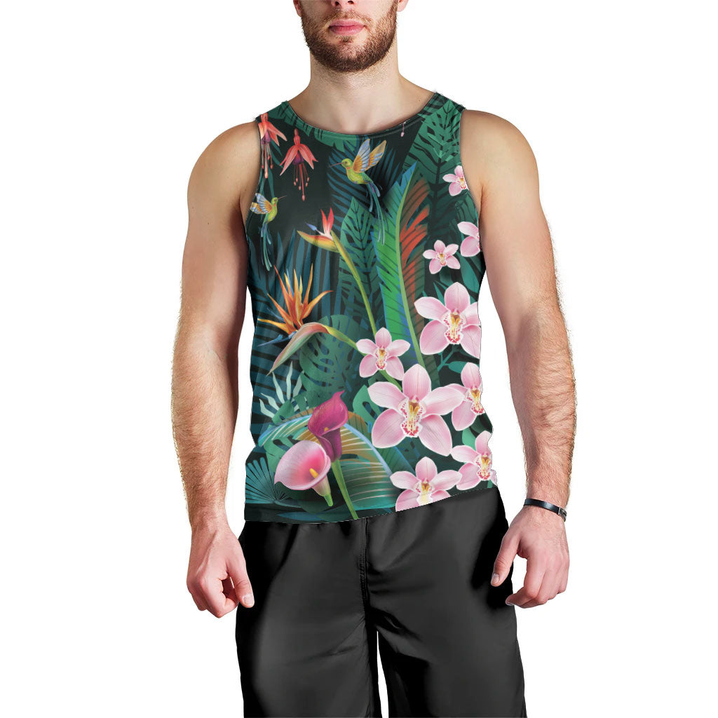 Hawaii Hummingbird Tropical Flowers Men Tank Top Dark Green LT01 - Polynesian Pride