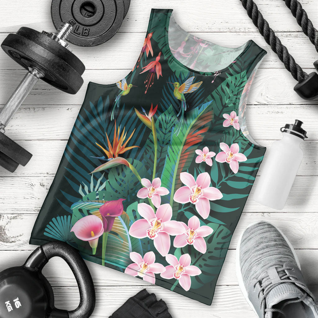 Hawaii Hummingbird Tropical Flowers Men Tank Top Dark Green LT01 - Polynesian Pride