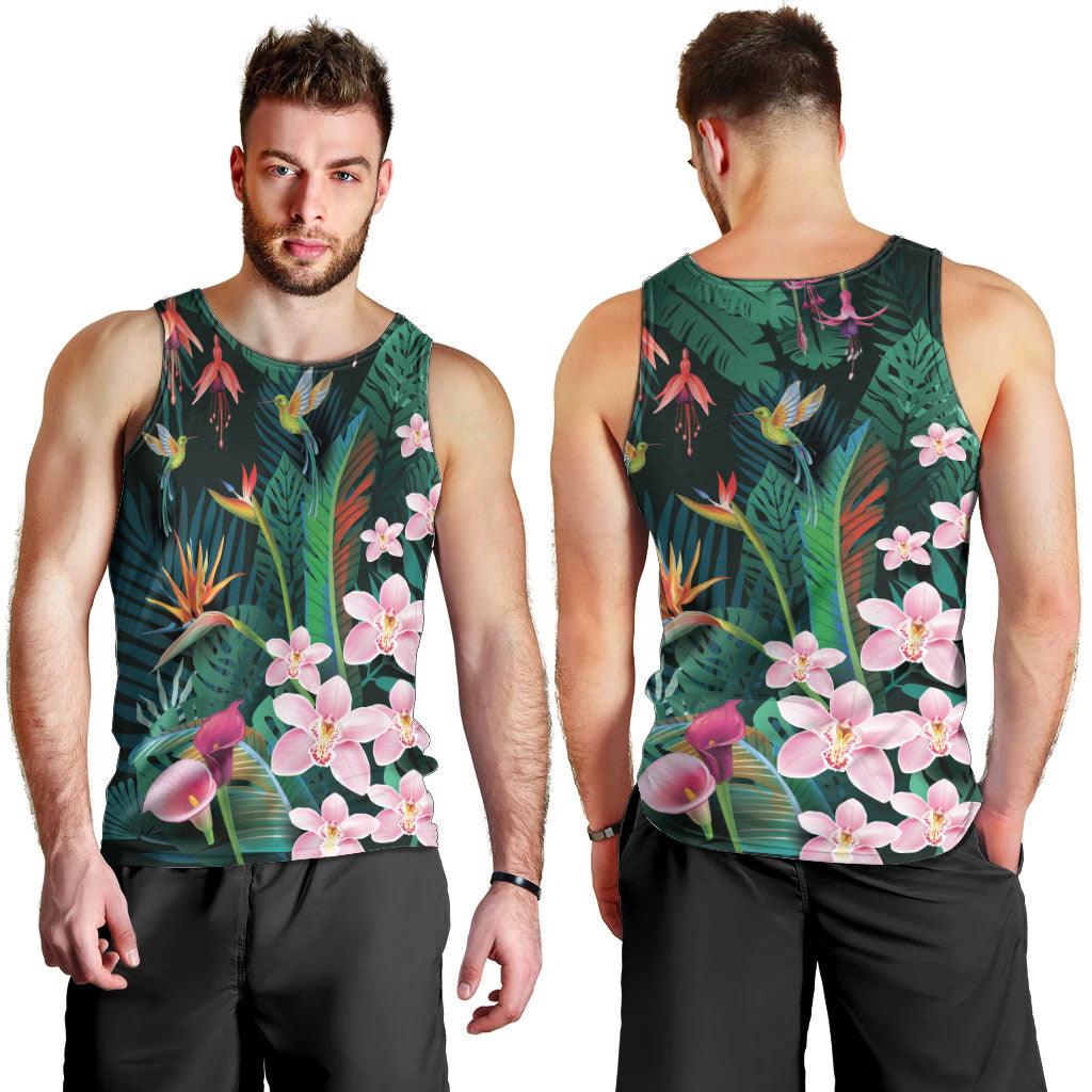 Hawaii Hummingbird Tropical Flowers Men Tank Top Dark Green LT01 - Polynesian Pride