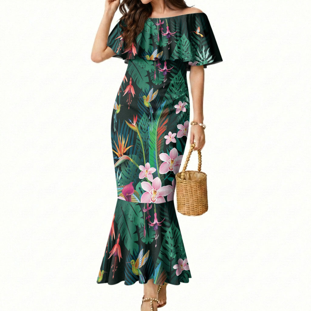 Hawaii Hummingbird Tropical Flowers Mermaid Dress Dark Green LT01 Women Green - Polynesian Pride