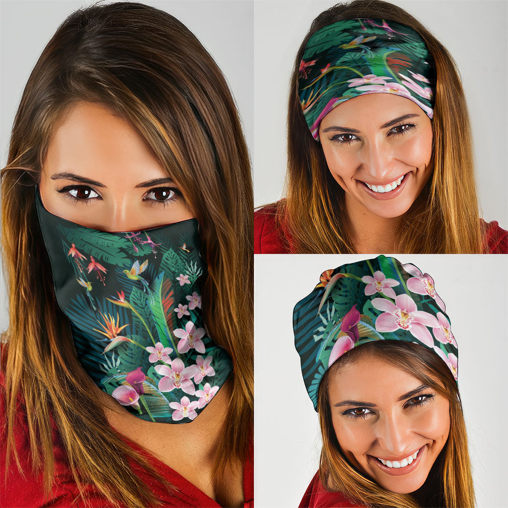 Hawaii Hummingbird Tropical Flowers Neck Gaiter Dark Green LT01 - Polynesian Pride
