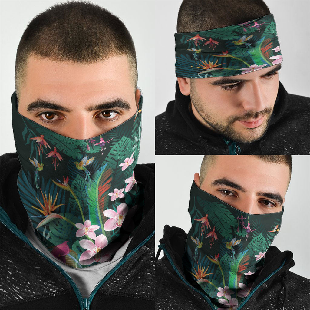 Hawaii Hummingbird Tropical Flowers Neck Gaiter Dark Green LT01 - Polynesian Pride