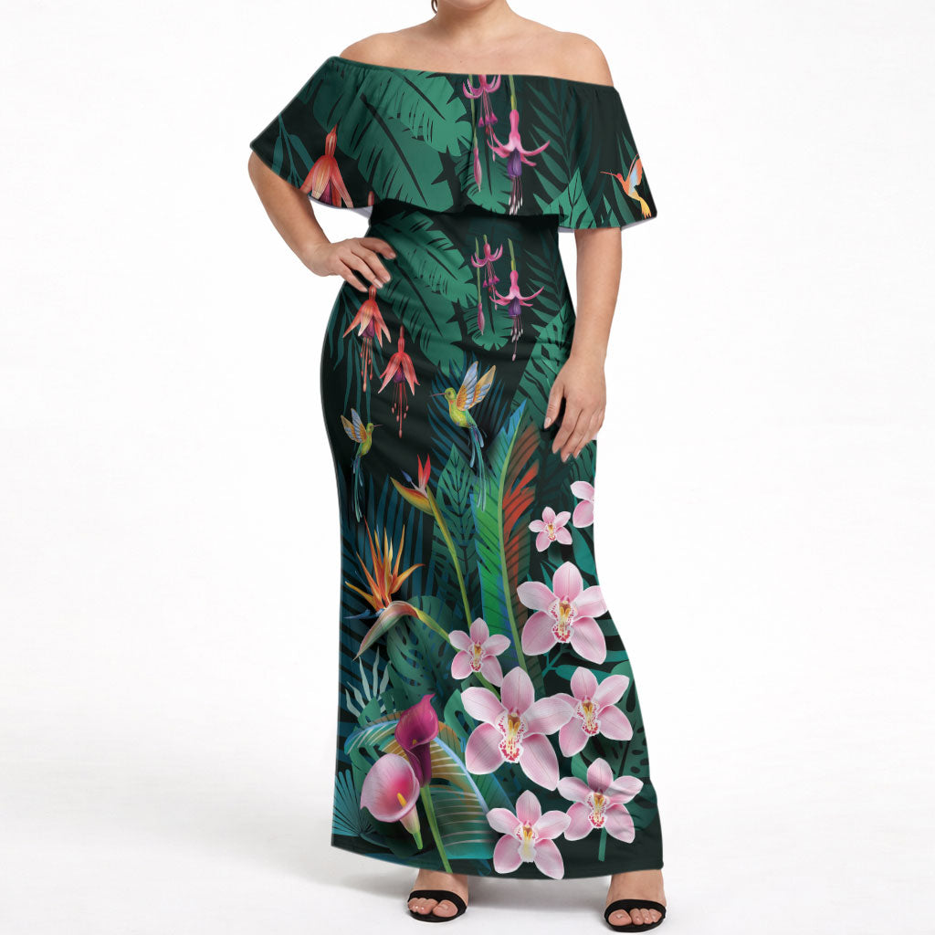 Hawaii Hummingbird Tropical Flowers Off Shoulder Maxi Dress Dark Green LT01 Women Green - Polynesian Pride