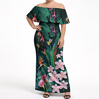 Hawaii Hummingbird Tropical Flowers Off Shoulder Maxi Dress Dark Green LT01 Women Green - Polynesian Pride