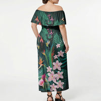 Hawaii Hummingbird Tropical Flowers Off Shoulder Maxi Dress Dark Green LT01 - Polynesian Pride