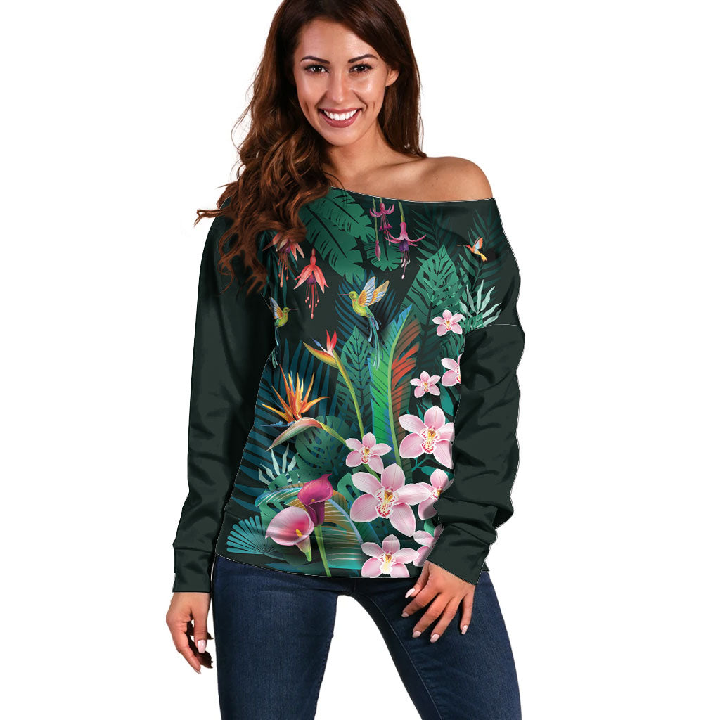Hawaii Hummingbird Tropical Flowers Off Shoulder Sweater Dark Green LT01 Women Green - Polynesian Pride