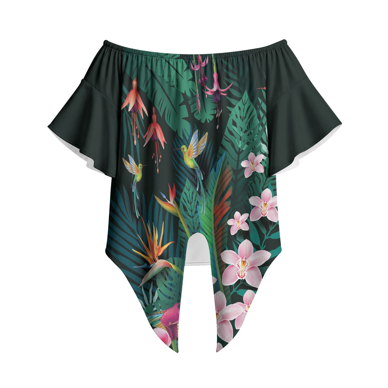 Hawaii Hummingbird Tropical Flowers Off Shoulder Wrap Waist Top Dark Green LT01 Green - Polynesian Pride
