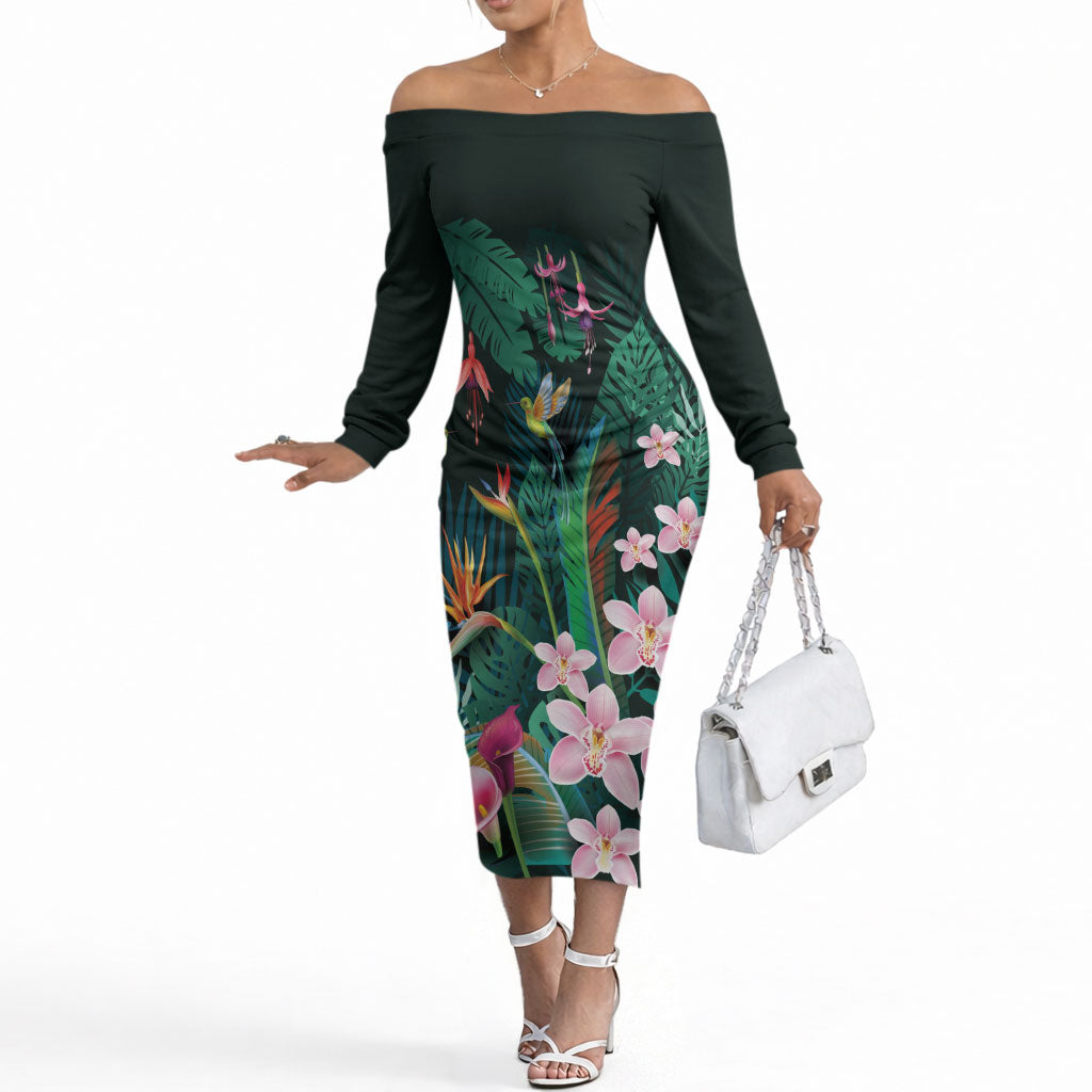 Hawaii Hummingbird Tropical Flowers Off The Shoulder Long Sleeve Dress Dark Green LT01 Women Green - Polynesian Pride