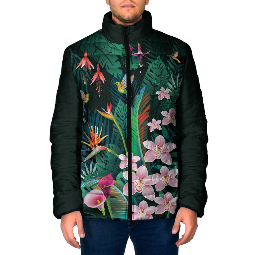Hawaii Hummingbird Tropical Flowers Padded Jacket Dark Green LT01 Men Green - Polynesian Pride