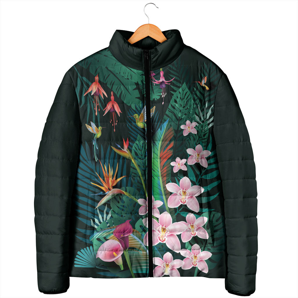 Hawaii Hummingbird Tropical Flowers Padded Jacket Dark Green LT01 - Polynesian Pride