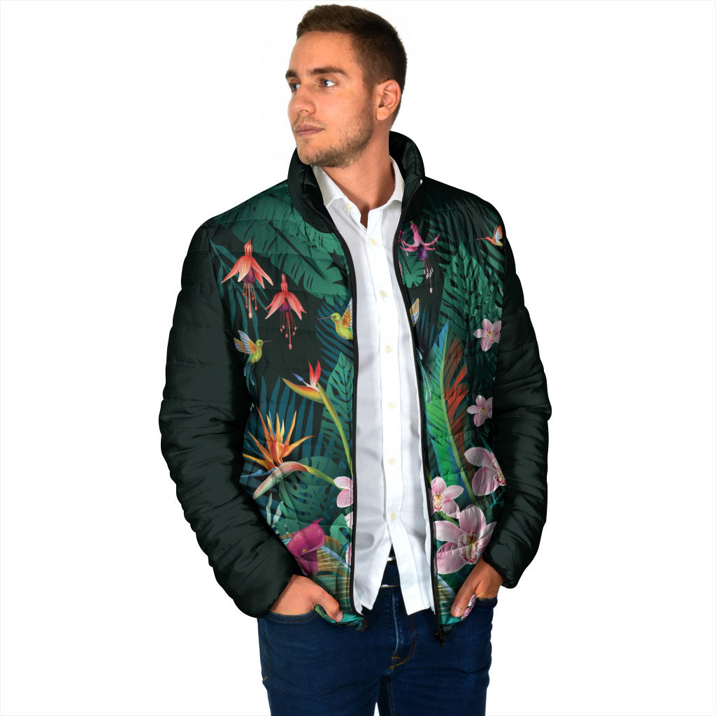 Hawaii Hummingbird Tropical Flowers Padded Jacket Dark Green LT01 - Polynesian Pride
