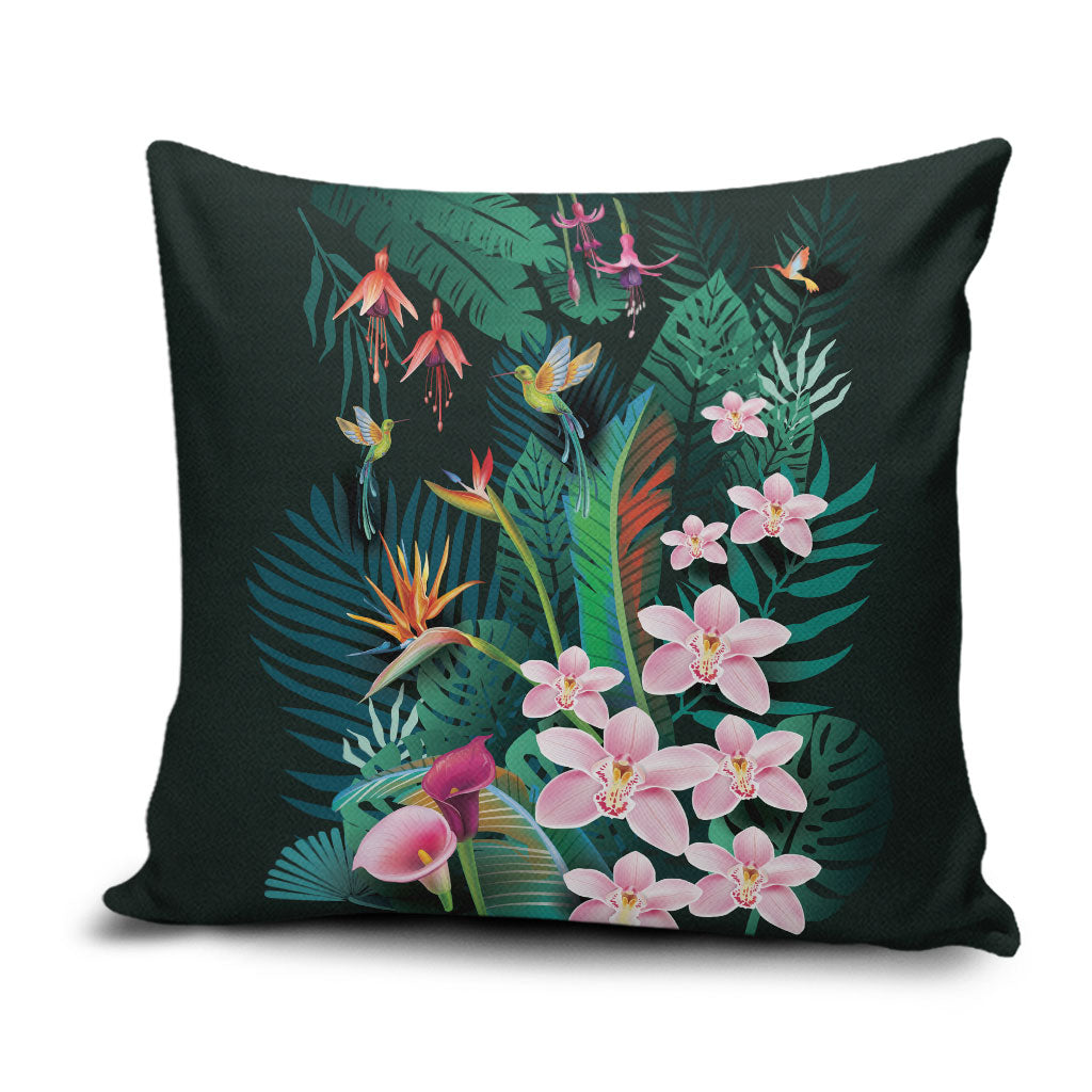 Hawaii Hummingbird Tropical Flowers Pillow Cover Dark Green LT01 Green - Polynesian Pride