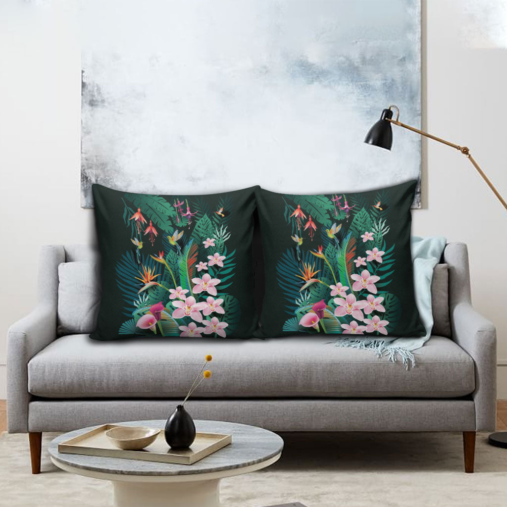 Hawaii Hummingbird Tropical Flowers Pillow Cover Dark Green LT01 - Polynesian Pride