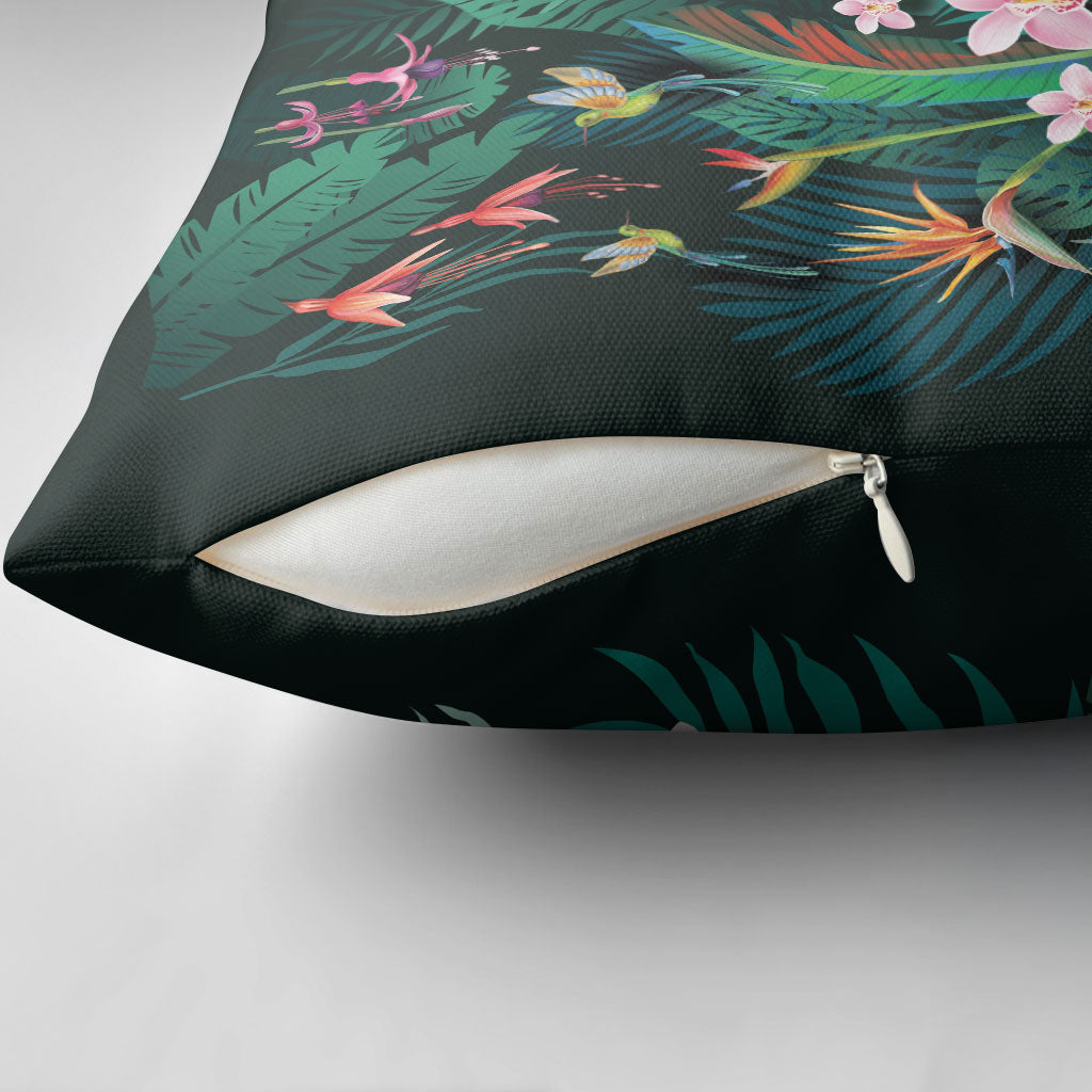 Hawaii Hummingbird Tropical Flowers Pillow Cover Dark Green LT01 - Polynesian Pride