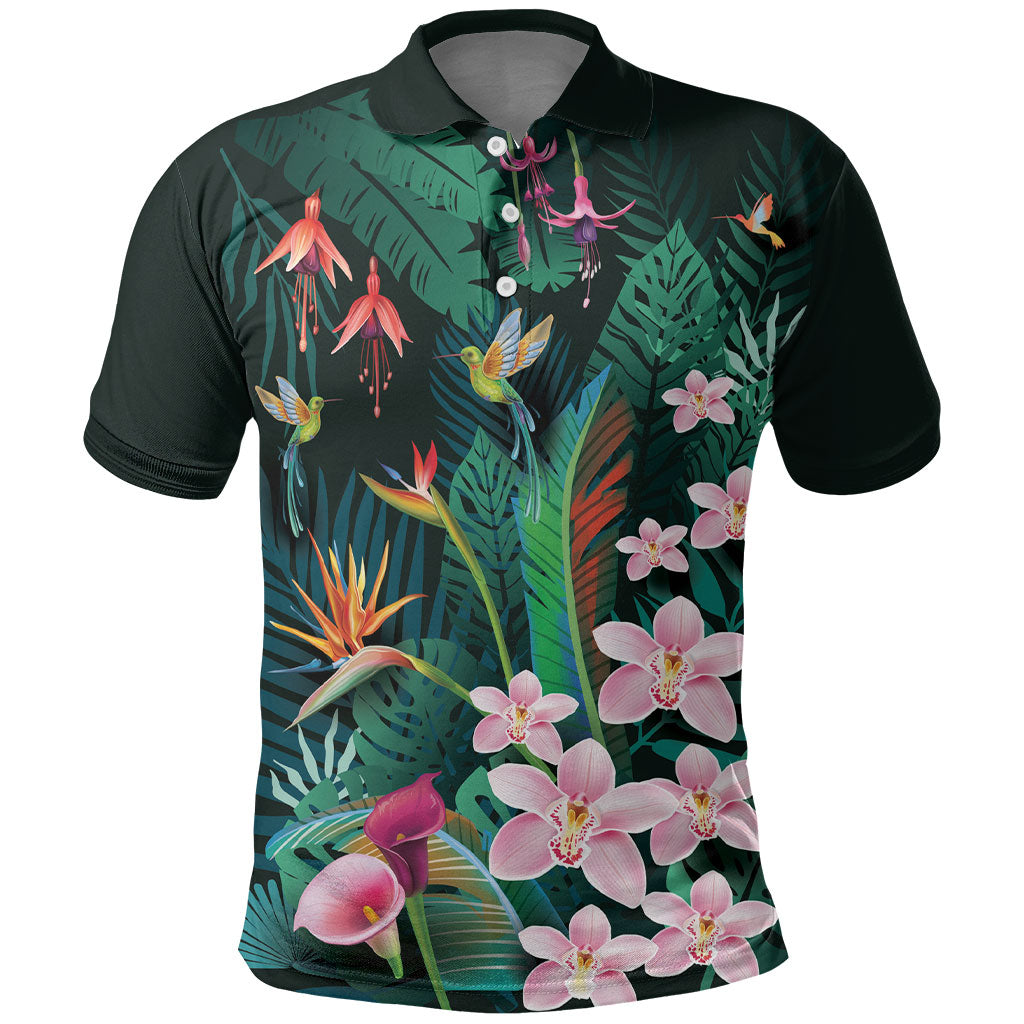 Hawaii Hummingbird Tropical Flowers Polo Shirt Dark Green LT01 Green - Polynesian Pride