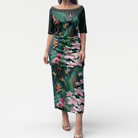 Hawaii Hummingbird Tropical Flowers Puletasi Dark Green LT01 Long Dress Green - Polynesian Pride
