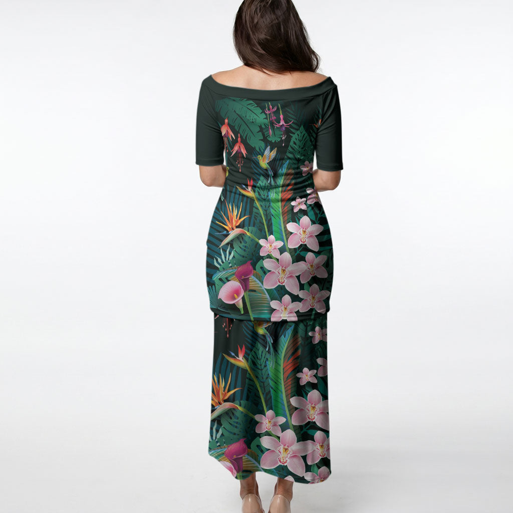 Hawaii Hummingbird Tropical Flowers Puletasi Dark Green LT01 - Polynesian Pride