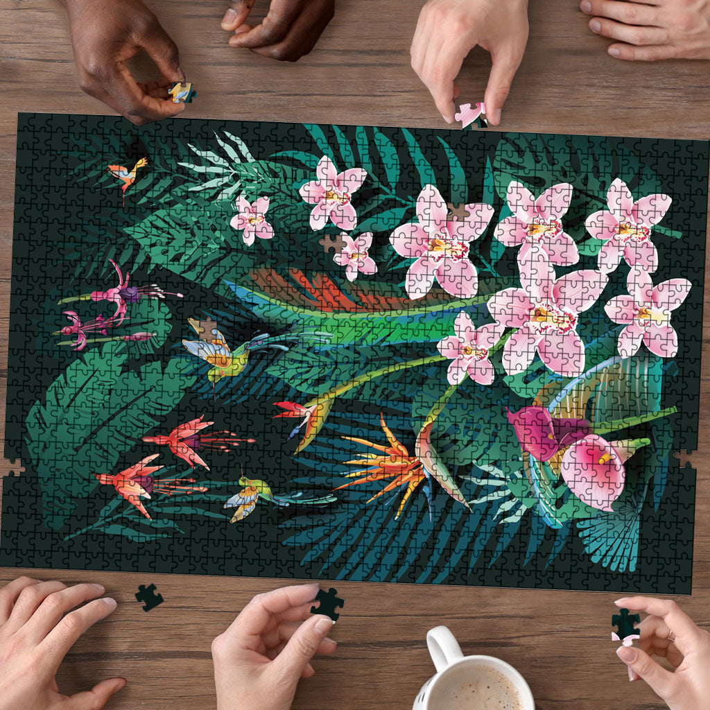 Hawaii Hummingbird Tropical Flowers Puzzle Dark Green LT01 - Polynesian Pride