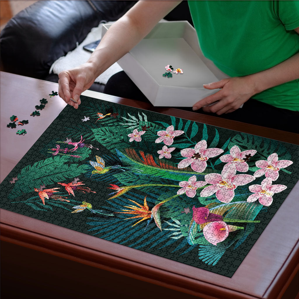 Hawaii Hummingbird Tropical Flowers Puzzle Dark Green LT01 - Polynesian Pride