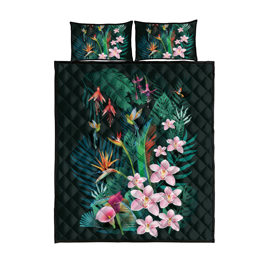 Hawaii Hummingbird Tropical Flowers Quilt Bed Set Dark Green LT01 - Polynesian Pride