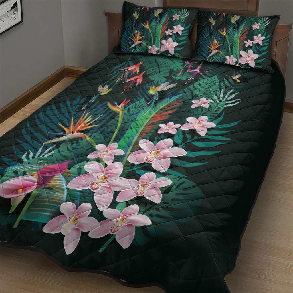 Hawaii Hummingbird Tropical Flowers Quilt Bed Set Dark Green LT01 - Polynesian Pride