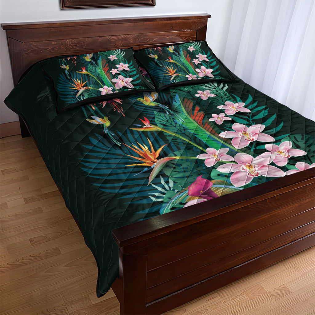 Hawaii Hummingbird Tropical Flowers Quilt Bed Set Dark Green LT01 - Polynesian Pride