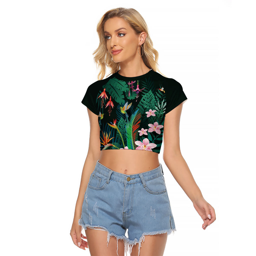 Hawaii Hummingbird Tropical Flowers Raglan Cropped T Shirt Dark Green LT01 Female Green - Polynesian Pride