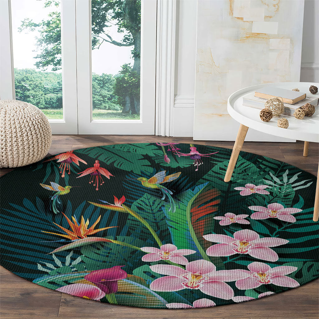 Hawaii Hummingbird Tropical Flowers Round Carpet Dark Green LT01 - Polynesian Pride