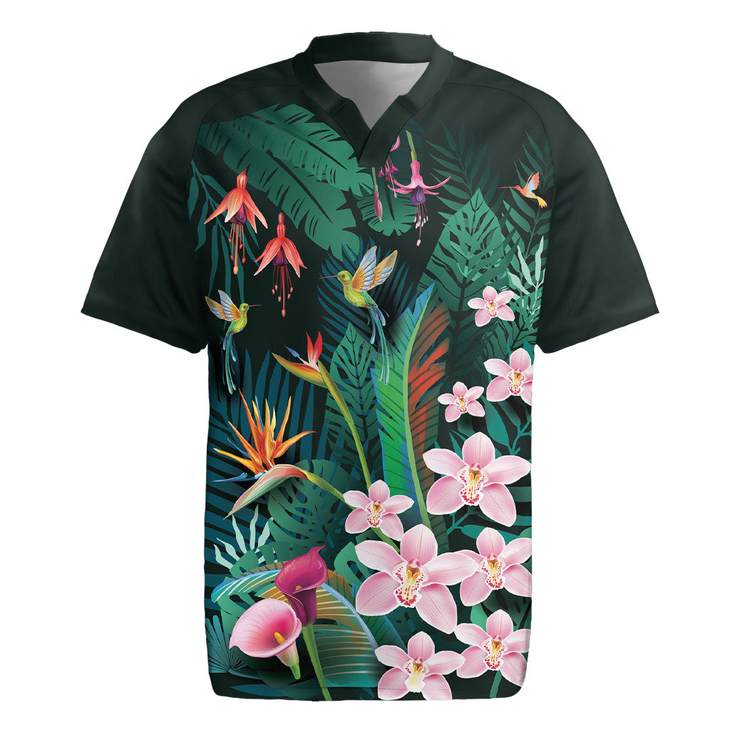 Hawaii Hummingbird Tropical Flowers Rugby Jersey Dark Green LT01 Green - Polynesian Pride
