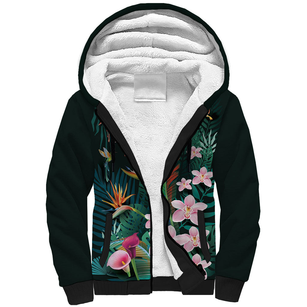 Hawaii Hummingbird Tropical Flowers Sherpa Hoodie Dark Green LT01 Unisex Green - Polynesian Pride