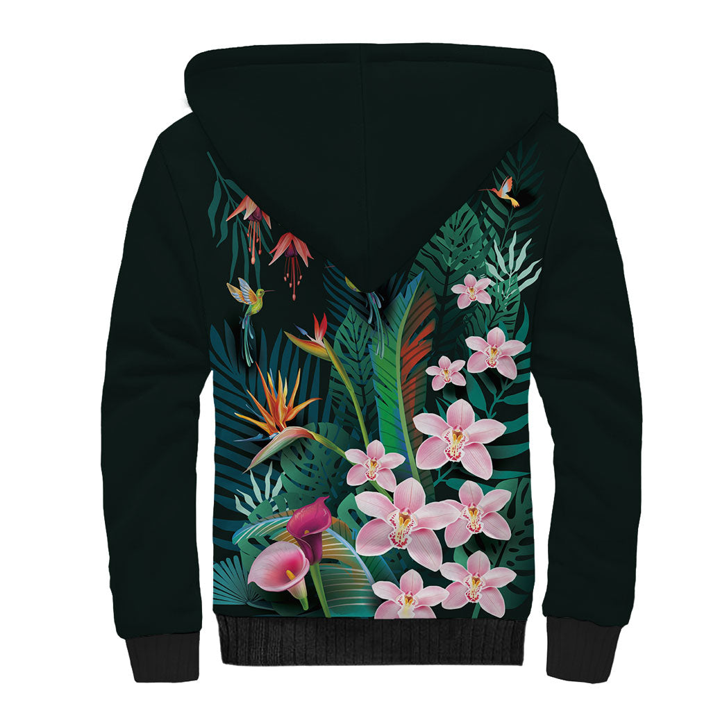 Hawaii Hummingbird Tropical Flowers Sherpa Hoodie Dark Green LT01 - Polynesian Pride