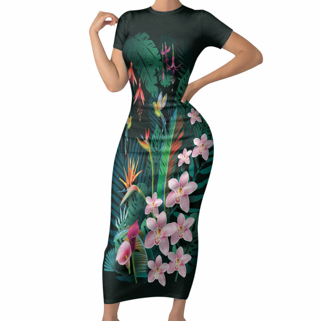 Hawaii Hummingbird Tropical Flowers Short Sleeve Bodycon Dress Dark Green LT01 Long Dress Green - Polynesian Pride