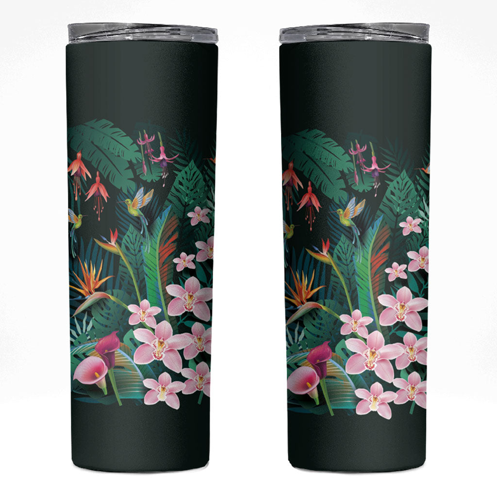 Hawaii Hummingbird Tropical Flowers Skinny Tumbler Dark Green LT01 Green - Polynesian Pride