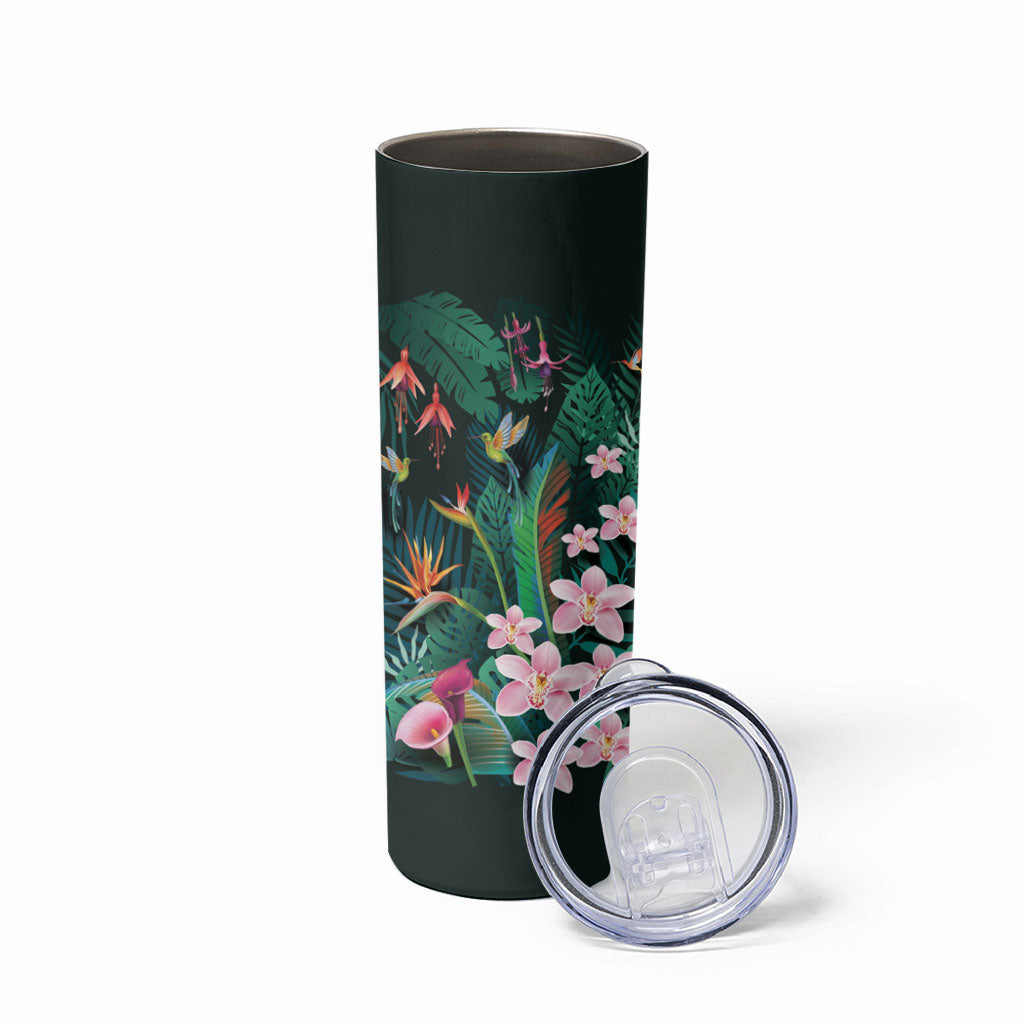 Hawaii Hummingbird Tropical Flowers Skinny Tumbler Dark Green LT01 - Polynesian Pride