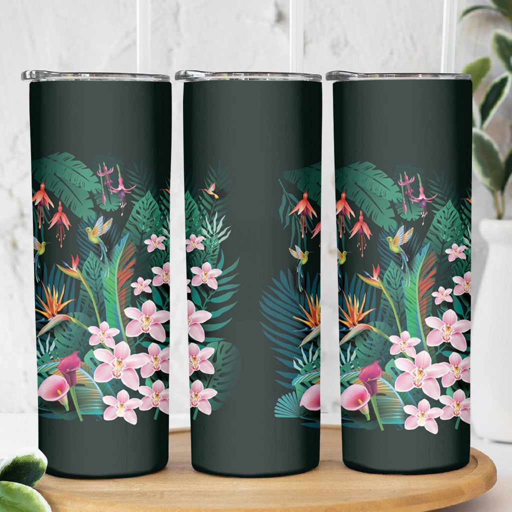 Hawaii Hummingbird Tropical Flowers Skinny Tumbler Dark Green LT01 - Polynesian Pride