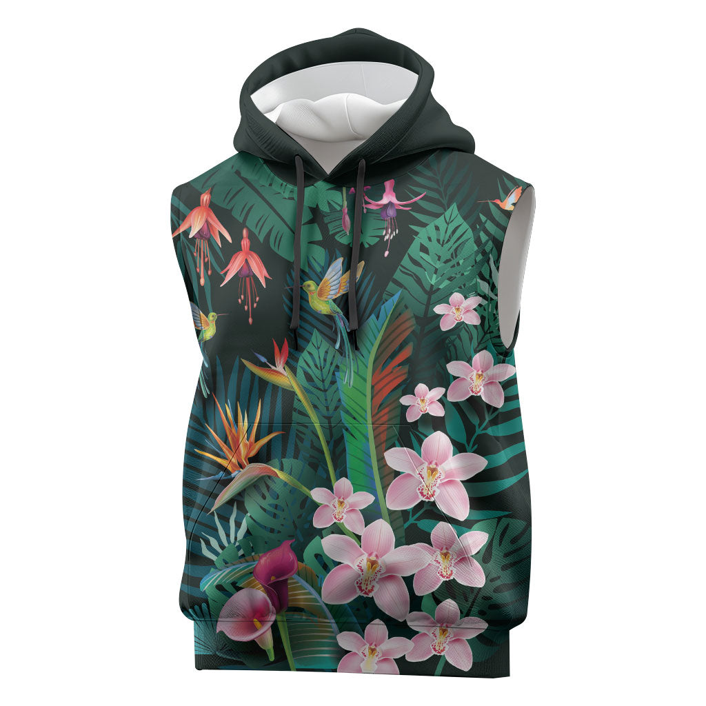 Hawaii Hummingbird Tropical Flowers Sleeveless Hoodie Dark Green LT01 Green - Polynesian Pride
